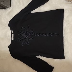 Marisa Christina black beaded flower crew neck pullover sweater 3/4 slv M EUC …
